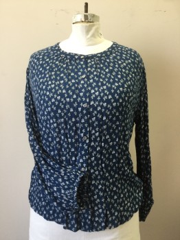 VELVET, Blue, Lt Gray, White, Rayon, Floral, Button Front, Jewel Neck, Long Sleeves, with Elasticated Cuffs
