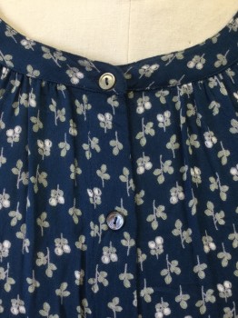 VELVET, Blue, Lt Gray, White, Rayon, Floral, Button Front, Jewel Neck, Long Sleeves, with Elasticated Cuffs