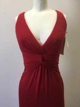 Womens, Evening Gown, NO LABEL, Red, Synthetic, Solid, XS, Red, V-neck, Knotted Waist, Sleeveless