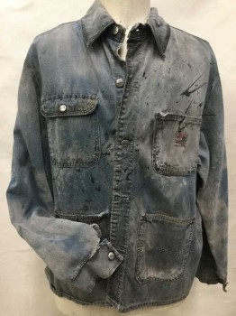 Mens, Casual Jacket, Pointer, Dusty Blue, Gray, Black, Cotton, Tie-dye, XL, Denim, Aged/Distressed,  Button Front, 4 Pockets, Collar Attached, Button Cuffs, Barn Jacket, Black Splatter Paint Front