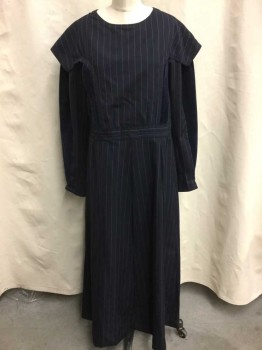 NO LABEL, Navy Blue, White, Wool, Stripes - Pin, Hem Below Knee, Long Sleeves, Hook and Eye Back Closure, Navy Velvet Panels On Arms and Bust,
