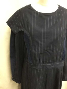 NO LABEL, Navy Blue, White, Wool, Stripes - Pin, Hem Below Knee, Long Sleeves, Hook and Eye Back Closure, Navy Velvet Panels On Arms and Bust,