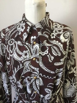LADY MADEIRA, Brown, Cream, Black, Polyester, Knit Paisley Floral. Long Sleeves, Open Collar, Gold Buttons at Center Front Placet, Length to Knee with Self Belt