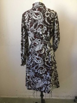 LADY MADEIRA, Brown, Cream, Black, Polyester, Knit Paisley Floral. Long Sleeves, Open Collar, Gold Buttons at Center Front Placet, Length to Knee with Self Belt
