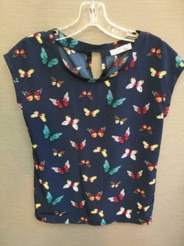 ABERCROMBIE & FITCH, Navy Blue, Red, Teal Blue, Yellow, Orange, Polyester, Novelty Pattern, Navy W/red, Teal Blue, Yellow, Orange, Pink Butterflies, Round Wide Neck, Cap Sleeves Triangle Key Hole Back, See Photo Attached,