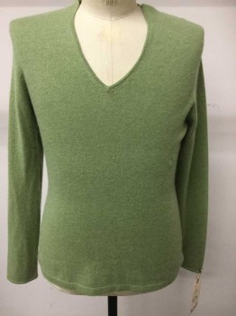 Mens, Pullover Sweater, McDuff, Moss Green, Cashmere, Solid, L, V-neck, Long Sleeves,