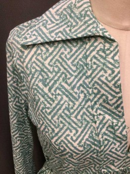 N/L, Green, White, Polyester, Greek Key, Long Sleeves, Pointed Collar Attached, Open V-neck, Gathered At Placket, Overlocked Hem, with Belt
