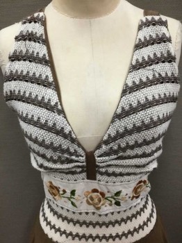 N/L, Brown, White, Beige, Olive Green, Cream, Cotton, Stripes, Floral, Halter, Cream + Brown Horizontal Stripe Crochet Bodice & Waist, White Waistband W/Earthtone Floral Embroidery, Drop Waist, Solid Brown Cotton Skirt & Back, Smocking At Center Back Waist, Crossed Straps In Back, *Straps Held To Dress With Safety Pin At Time Of Inventory