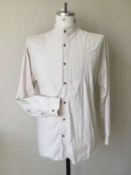 MTO, Off White, Cotton, Solid, Upper Class Dress Shirt. Off White Textured Cotton with Satin Ribbed Stripe. Pewter Button Front Closure, Bib Front, Long Sleeves, & Cuffs, Collar Band