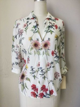 Womens, Blouse, ZARA, Cream, Red, Green, Pink, Yellow, Viscose, Floral, M, Pullover, V-neck with Collar, 3/4 Sleeves with Button Cuffs