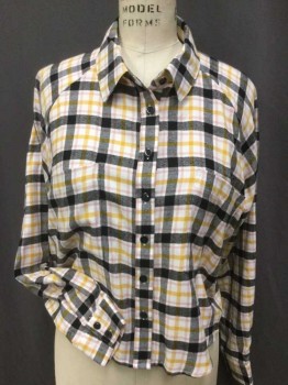 WILD FABLE, Off White, Mauve Pink, Mustard Yellow, Black, Gray, Rayon, Polyester, Plaid, Off White W/black, Gray, Mauve-pink, Mustard Plaid, Collar Attached, Button Front, Cropped Front & Longer Back, Raglan Long Sleeves,