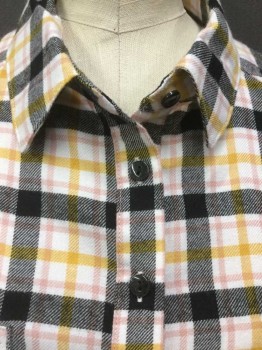 WILD FABLE, Off White, Mauve Pink, Mustard Yellow, Black, Gray, Rayon, Polyester, Plaid, Off White W/black, Gray, Mauve-pink, Mustard Plaid, Collar Attached, Button Front, Cropped Front & Longer Back, Raglan Long Sleeves,