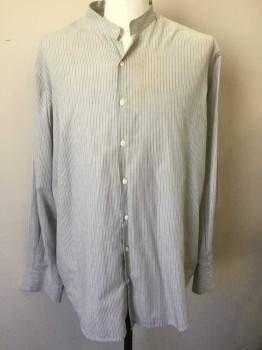 N/L, Ecru, Blue, Gray, Cotton, Stripes - Vertical , Stripes - Pin, Ecru with Gray Triple Pinstripes, Long Sleeve Button Front, Band Collar, Button Cuffs, Made To Order **Has Some Faint Stains on Front