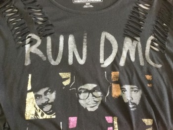 Womens, Top, MERCHANDISE, Black, Heather Gray, Yellow, Orange, Pink, Cotton, Polyester, Human Figure, M, Black with Cut Out Vertical Oval Shape with Men Faces &  Light Heather Gray "RUN DMC", Round Neck,  Cut-off Short Sleeves,