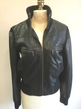 Womens, Leather Jacket, BDG, Black, Faux Leather, Viscose, Solid, S, Zip Front, Rib Knit at Neck, Cuffs, Trim on 2 Pockets/Armscye Seams, and Waistband, 4 Pockets Total, Black Lining