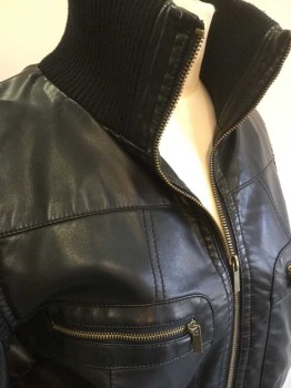 Womens, Leather Jacket, BDG, Black, Faux Leather, Viscose, Solid, S, Zip Front, Rib Knit at Neck, Cuffs, Trim on 2 Pockets/Armscye Seams, and Waistband, 4 Pockets Total, Black Lining