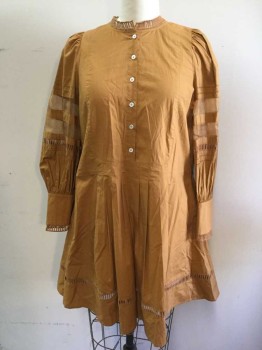 Womens, Dress, Long & 3/4 Sleeve, SEA, Tobacco Brown, Cotton, Silk, Solid, 12, 1/2 Button Front, Tuxedo Front Panel, Pleated Down From Waist, Faggotting Collar/Cuff/Mid Sleeve/Hem, Gathered Sleeve, Sheer Silk Stripe Sleeves, Split Cuff