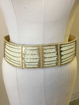 N/L, Cream, Gold, Leather, Cream Reptile Leather W/gold Thin Leather Egyptian Cut-out Detail, Cream/shimmer Gold Braid Trim, Hook & Eye Closure, See Photo Attached,