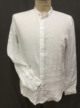 CLUB MONACO, White, Linen, Solid, Stand Collar Attached, Button Front, Long Sleeves,