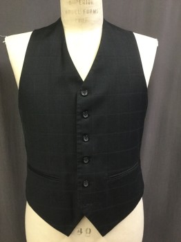 Mens, Suit, Vest, CARAVELLI, Charcoal Gray, Gray, Wool, Grid , 38, 6 Buttons, V-neck, Lining Back with Adjustable Waist Belt