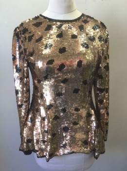 N/L, Bronze Metallic, Black, Silk, Sequins, Abstract , Covered with Bronze Sequins with Black Sequin Squares Pattern, Long Sleeves, Scoop Neck, Tunic Length