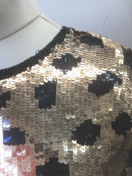 Womens, Top, N/L, Bronze Metallic, Black, Silk, Sequins, Abstract , W:31, B:36, Covered with Bronze Sequins with Black Sequin Squares Pattern, Long Sleeves, Scoop Neck, Tunic Length