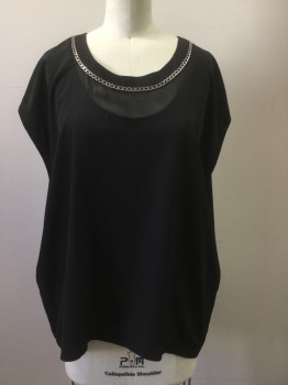 ROBBI & NIKKI, Black, Polyester, Solid, Scoop Neck, Cap Sleeve, Silver Chain Attached at Collar Shoulder, Rounded Mesh Panel at Neck Front