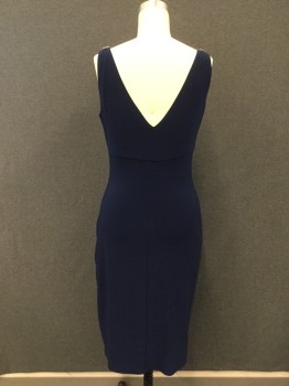 Womens, Cocktail Dress, LAUREN, Navy Blue, Polyester, Elastane, Solid, 8, Surplice Top, Sleeveless, Silver/Rhinestone Medallions on Shoulders, Draped From Side Seam, V Back, Stretchy, Below Knee