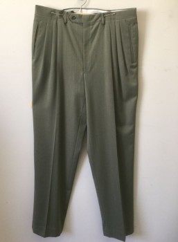 CANALI, Sage Green, Wool, Solid, Triple Pleated, Button Tab Waist, Zip Fly, 4 Pockets, Straight Leg, 90's/00's