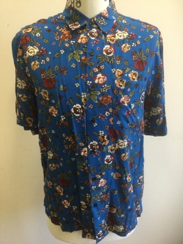 URBAN OUTFITTERS, Blue, Multi-color, Cream, Dk Red, Green, Rayon, Floral, Bright Cerulean Blue, with Cream/Dark Red/Green/Orange Floral Pattern, Short Sleeve Button Front, Collar Attached, 1 Patch Pocket