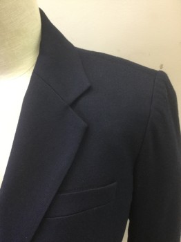 Womens, Blazer, J.CREW, Navy Blue, Wool, Polyester, Solid, 0, Single Breasted, Notched Lapel, 2 Gold Embossed Metal Buttons, 3 Pockets, Cream Satin Lining, Fitted