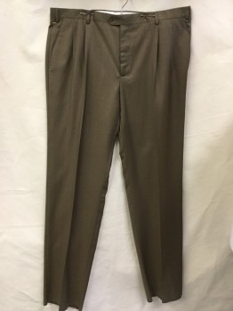 SANTORELLI, Brown, Wool, Polyester, Heathered, Heather Golden Brown Woven, 1.5" Waistband, 2 Pleat Front, Zip Front, 4 Pockets