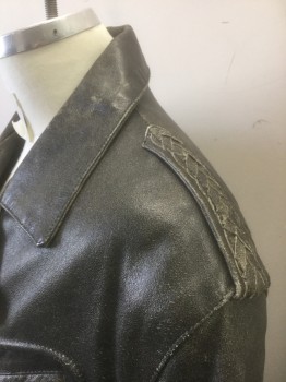 Mens, Leather Jacket, N/L, Faded Black, Leather, Solid, M, Crackled/Speckled Aged Leather, Biker Jacket, Zip Front, Notched Lapel/Collar, 4 Pockets, Braided Epaulettes at Shoulders, Self Belt with Buckle Attached at Waist, Maroon Quilted Lining, Lace Up Panels at Sides **Missing Laces/Ties