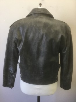 Mens, Leather Jacket, N/L, Faded Black, Leather, Solid, M, Crackled/Speckled Aged Leather, Biker Jacket, Zip Front, Notched Lapel/Collar, 4 Pockets, Braided Epaulettes at Shoulders, Self Belt with Buckle Attached at Waist, Maroon Quilted Lining, Lace Up Panels at Sides **Missing Laces/Ties