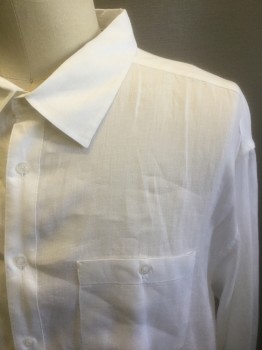 CUBAVERA, White, Linen, Solid, Long Sleeve Button Front, Collar Attached, 2 Patch Pockets with Button Closure