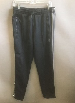 Mens, Sweatsuit Pants, BELSTAFF, Black, Gray, White, Cotton, Polyester, Solid, L, Elastic Waist with Drawstring, Gray and White Stripes at Outseam, Tapered Leg with Zippers at Leg Openings, 2 Zip Pockets, Pin Tuck Down Center of Each Leg