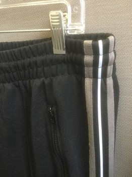 Mens, Sweatsuit Pants, BELSTAFF, Black, Gray, White, Cotton, Polyester, Solid, L, Elastic Waist with Drawstring, Gray and White Stripes at Outseam, Tapered Leg with Zippers at Leg Openings, 2 Zip Pockets, Pin Tuck Down Center of Each Leg