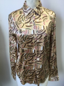 Womens, Blouse, CITY DKNY, Tan Brown, Brown, Green, Red, Ivory White, Silk, Spandex, Novelty Pattern, Geometric, B 38, 6, Silky Half Moon Pint, Long Sleeves, Button Front, Collar Attached,