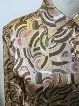CITY DKNY, Tan Brown, Brown, Green, Red, Ivory White, Silk, Spandex, Novelty Pattern, Geometric, Silky Half Moon Pint, Long Sleeves, Button Front, Collar Attached,