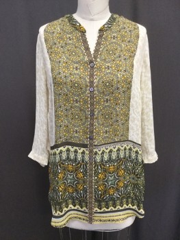 Womens, Top, NIC+ ZOE, Cream, Olive Green, Mustard Yellow, Green, Polyester, Medallion Pattern, S, Tunic Style Blouse, 3/4 Length Sleeves, Button Front, Medallion Border Print at Front, Back Yoke and Hemline