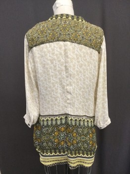 NIC+ ZOE, Cream, Olive Green, Mustard Yellow, Green, Polyester, Medallion Pattern, Tunic Style Blouse, 3/4 Length Sleeves, Button Front, Medallion Border Print at Front, Back Yoke and Hemline
