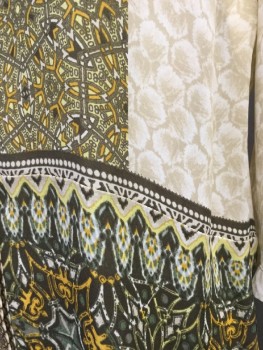 NIC+ ZOE, Cream, Olive Green, Mustard Yellow, Green, Polyester, Medallion Pattern, Tunic Style Blouse, 3/4 Length Sleeves, Button Front, Medallion Border Print at Front, Back Yoke and Hemline