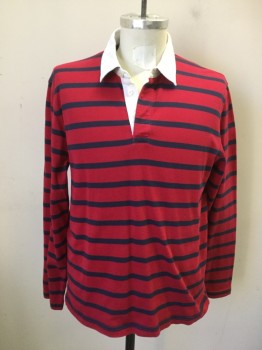 BROOKS BROTHERS, Red, Navy Blue, White, Cotton, Stripes - Vertical , Jersey Knit, Long Sleeves, Woven White Collar Attached, Hidden Placket