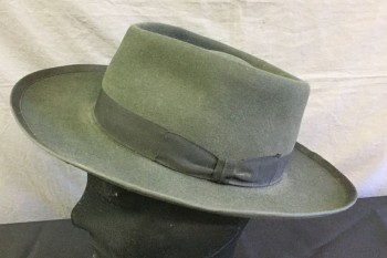 N/L, Forest Green, Wool, Solid, Forest Green Felt, Black Grosgrain Ribbon Hat Band, Round Indented Top, Black Grosgrain Trim