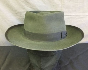 N/L, Forest Green, Wool, Solid, Forest Green Felt, Black Grosgrain Ribbon Hat Band, Round Indented Top, Black Grosgrain Trim