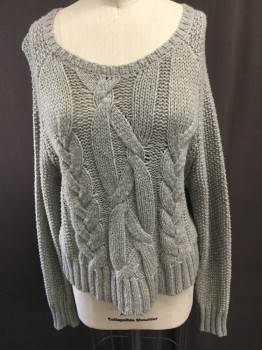 THE FISHER PROJECT, Gray, Cotton, Cable Knit, Bateau/Boat Neck, Rib Knit Waist and Cuffs, Several Knit Patterns