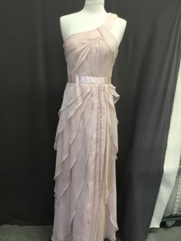 ADRIANNA PAPELL, Blush Pink, Polyester, Solid, Poly Chiffon W/one Shoulder Strap, Pleated Detail at Bust, Satin Ribbon Waist, Draped Ruffled Detail on Skirt
