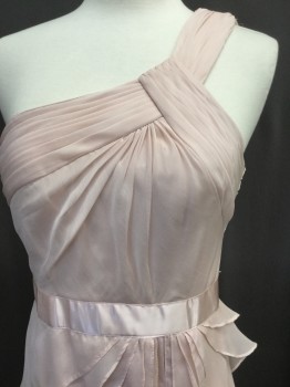 ADRIANNA PAPELL, Blush Pink, Polyester, Solid, Poly Chiffon W/one Shoulder Strap, Pleated Detail at Bust, Satin Ribbon Waist, Draped Ruffled Detail on Skirt