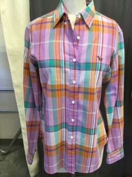 HUNTERS RUN, Lavender Purple, Orange, Turquoise Blue, White, Red, Cotton, Polyester, Plaid, Button Down Collar, Ls, Button Front,