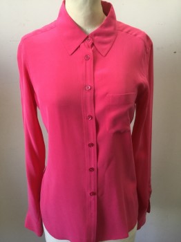 EQUIPMENT, Hot Pink, Silk, Solid, Collar Attached, Long Sleeves, Button Front, Chest Pocket